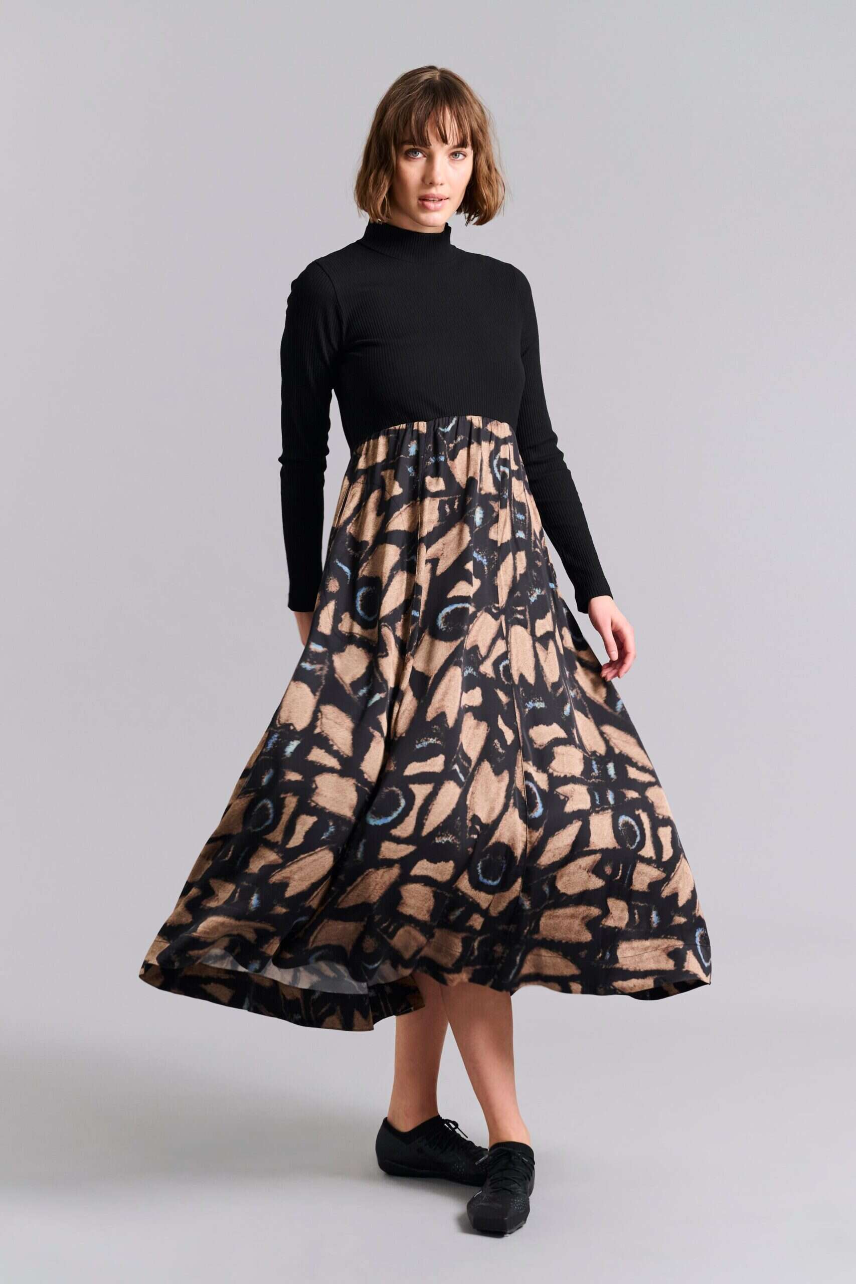 14933 FSC Dress with high neck Kuhaki Butterfly Mosaic