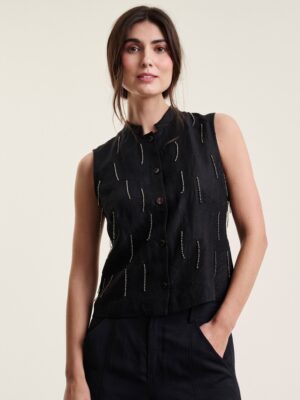 Airy Linen Waistcoat With Beads Black 15187-0039